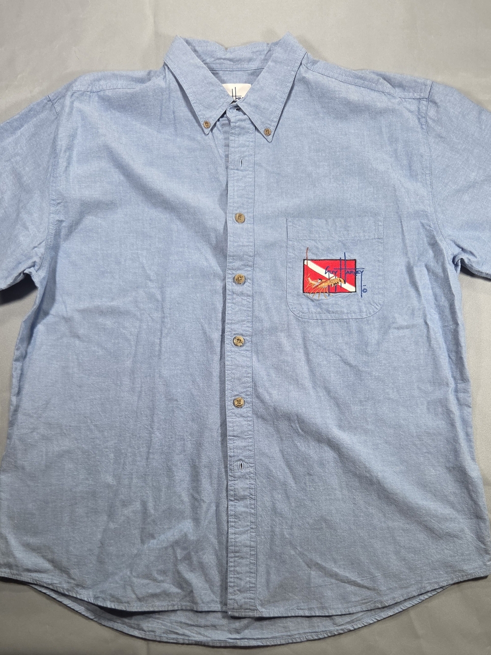 Guy Harvey Men's Blue Denim Short Sleeve Button Down Fishing Shirt